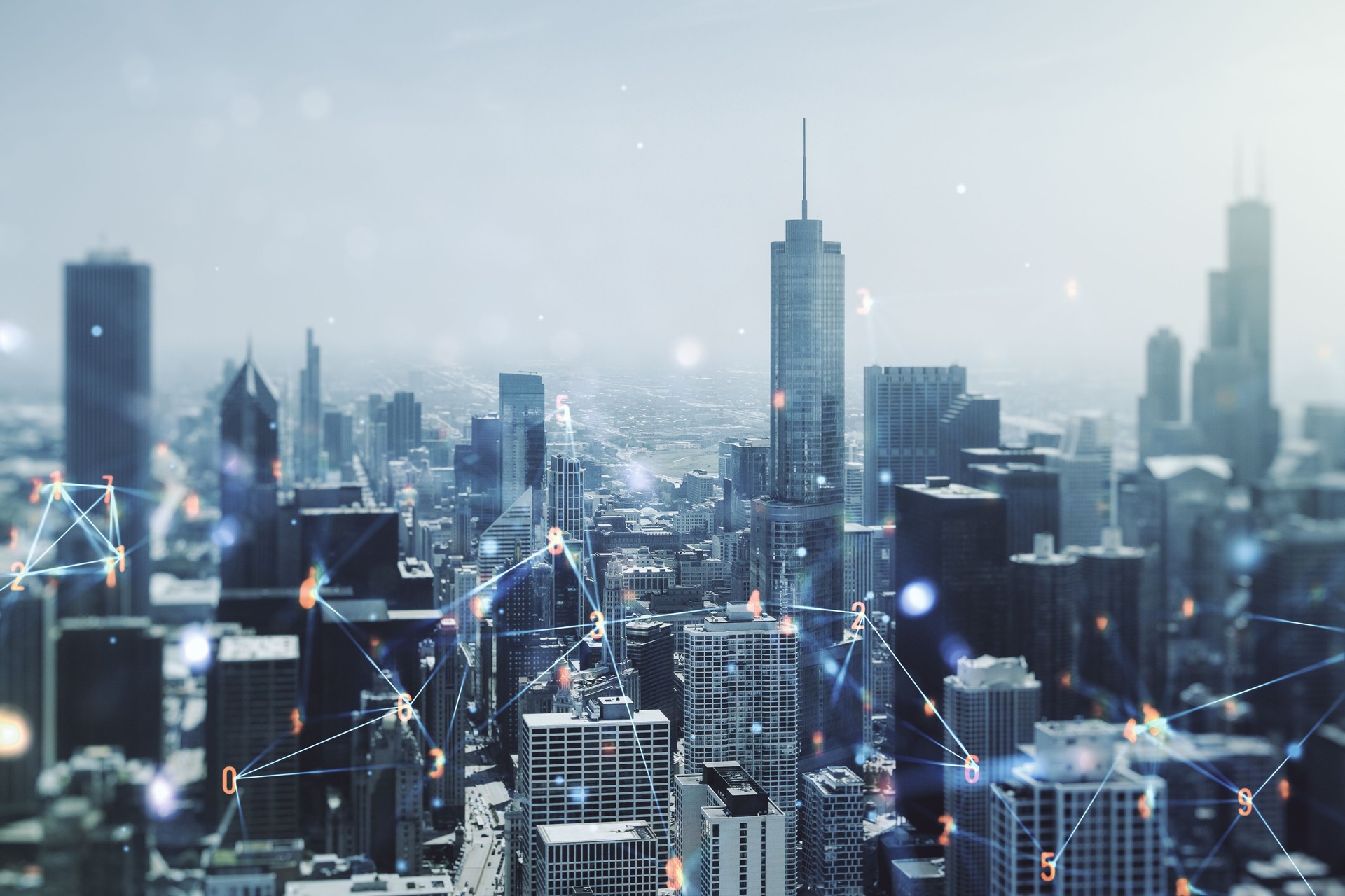 Abstract virtual technology sketch on Chicago office buildings background, future technology and AI concept. Double exposure