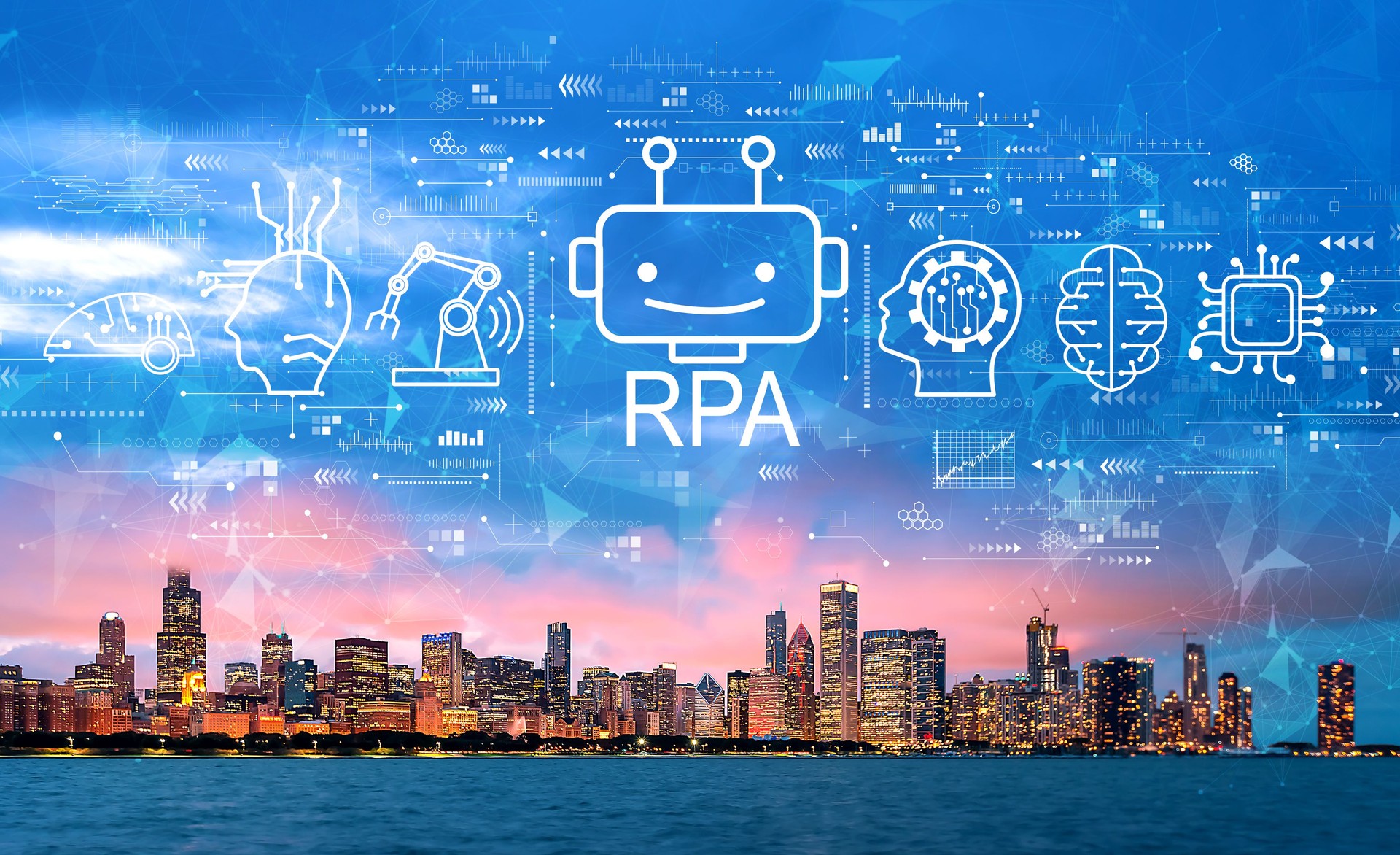 Robotic process automation concept with downtown Chicago